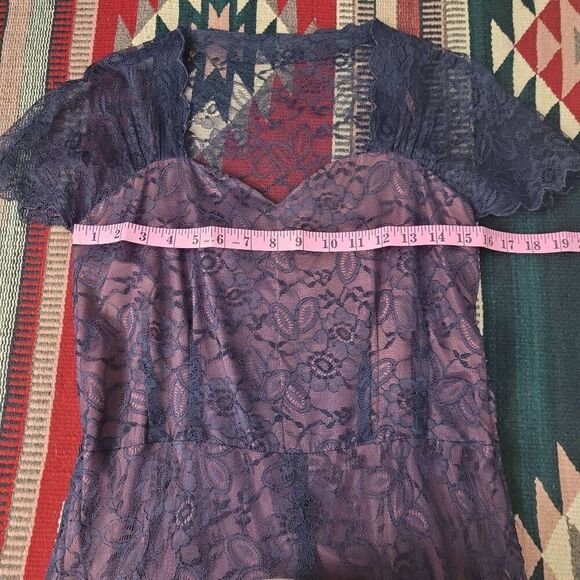 Vintage 1950s? Chantilly Lace Maxi Dress Evening Gown Navy Blue Delicate Feminin - Picture 5 of 10